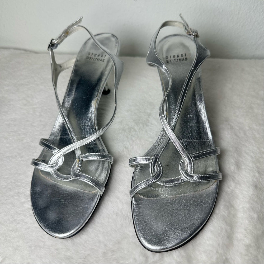 Stuart Weitzman Made in Spain  Silver Satin Strappy Leather Sole Heels Size 10 - Picture 3 of 15